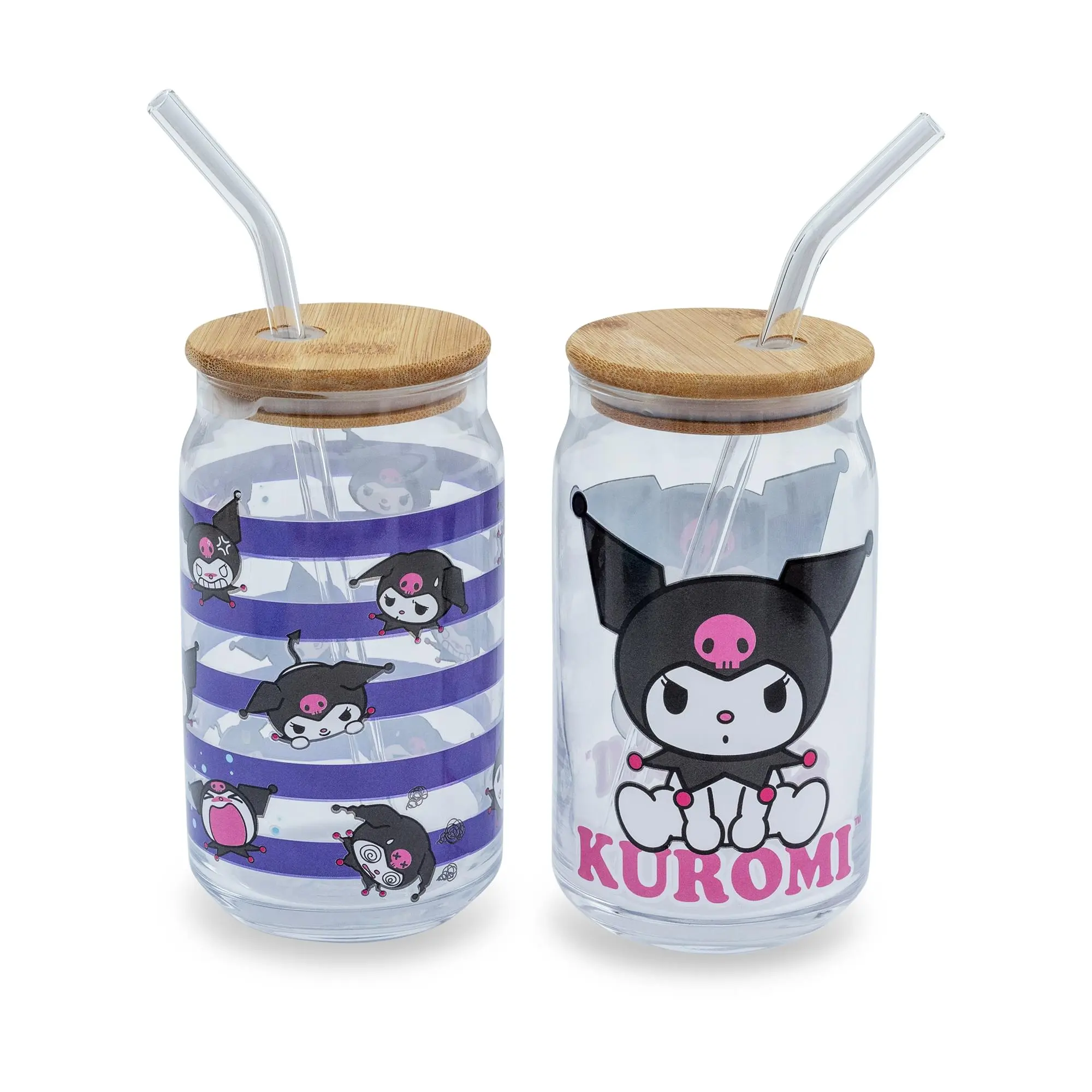 Sanrio Kuromi 16-Ounce Glass Tumblers With Bamboo Lid and Straw | Set Of 2