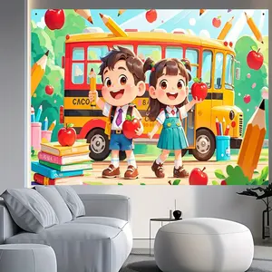 2D flat Banner 1pc Polyester Material, Elementary School Happy School Opening Theme Home Decoration Background Cloth - Cartoon Style Design, Universal Festival Decoration for School Back-To-School Season