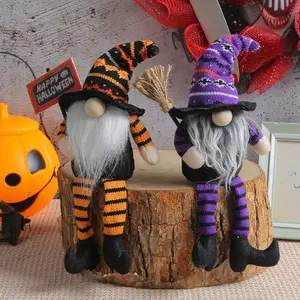 3pcs Set Handmade-Style Resin Gnome Dolls with Expressive Eyes & Posable Legs - Faceless Witch Gnomes with Pointed Hats & Broomsticks, Purple/Orange/Black Striped Outfits for Indoor/ Halloween Party Decorations, Year-Round Home Décor - Dura