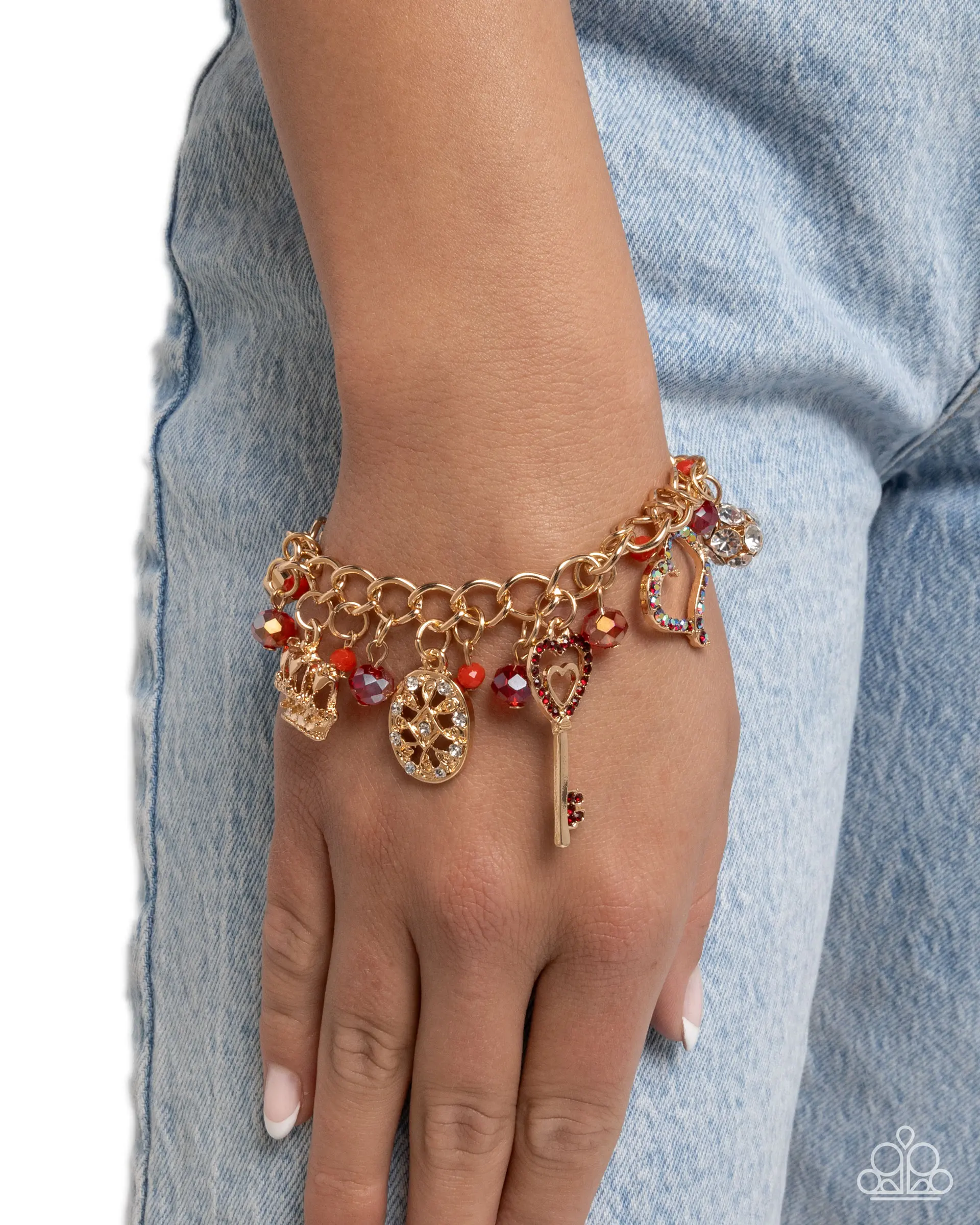 Paparazzi Queen of the Party Red Gold-Tone Charm Bracelet with Heart & Key Charms and Red Beads