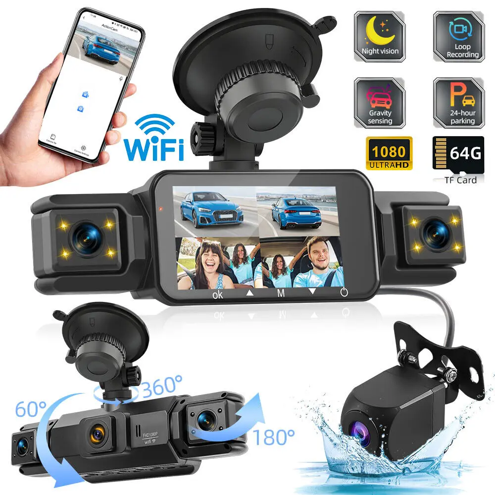 RIMOODY 4K 4-Channel Dash Cam Recorder, 360° View Car DVR Camera with IPS Screen, G-Sensor, WIFI Live, 64GB Automotive Vehicle Video Dashcam