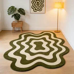 Olive green wave shaped carpet, green white contrasting velvet floor mat, non slip and wear-resistant floor mat for living room and study, retro natural atmosphere decorative mat suitable for ins style/antique style home decoration