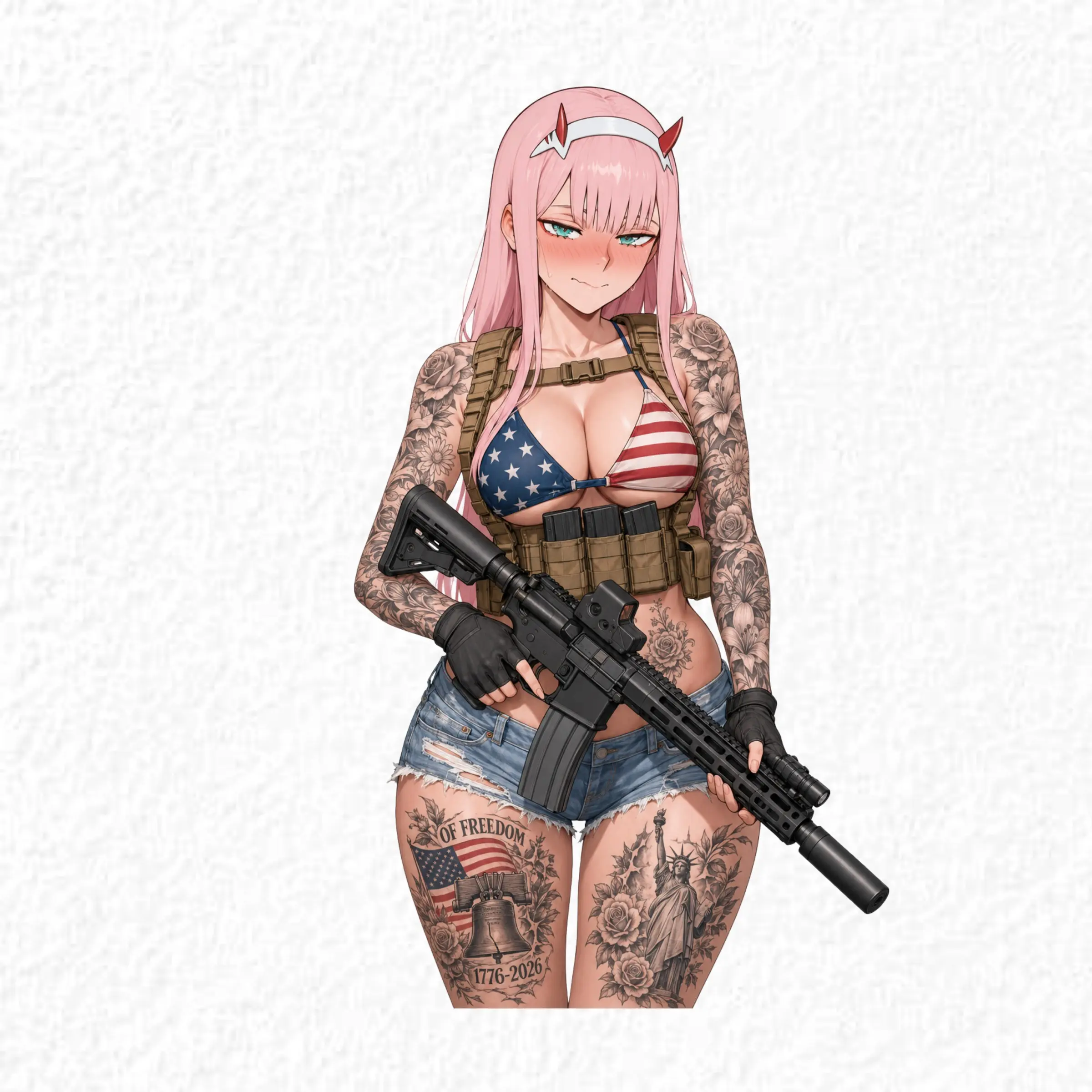 Zero Two Tactical Anime Sticker, USA Flag Bikini Veteran Girl Decal, Military Waifu Vinyl for Laptop, Helmet, Water Bottle, Toolbox