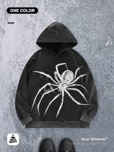 Y2K Style Crystal Spider Hoodie, Dark Streetwear, Cotton Blend, Vintage Washed, Loose Fit, Casual Pullover, Unisex, Trendy, Sweatshirts