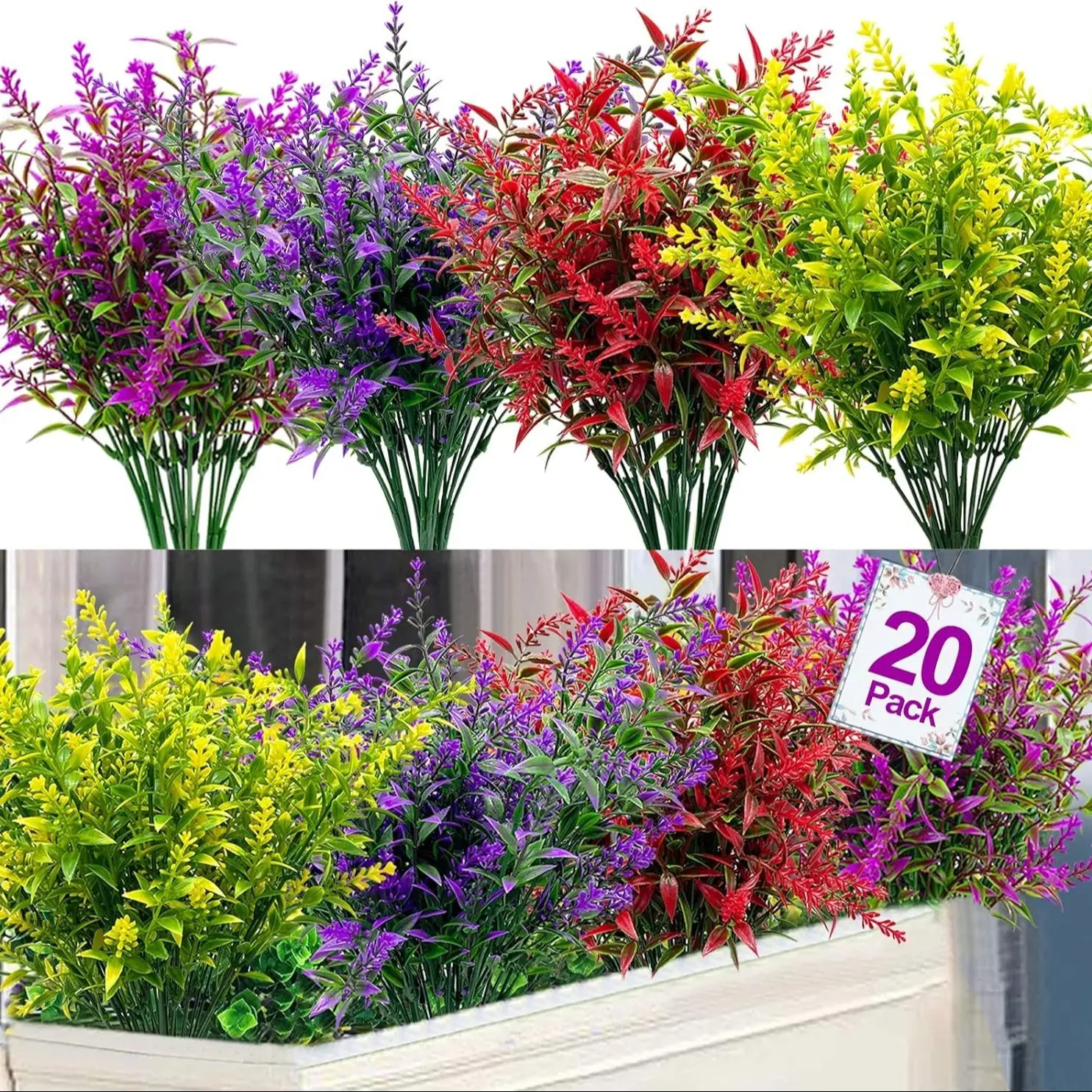 20 Bundles Artificial Lavender Flowers, Outdoor Summer Decor, UV Resistant Fake Flowers, Plastic Faux Plants, Wedding Kitchen Office Decor, Artificial Mixed Flower, Plastic Floral Plant, Decorative Artificial Flowers, Artificial Flower Decorations