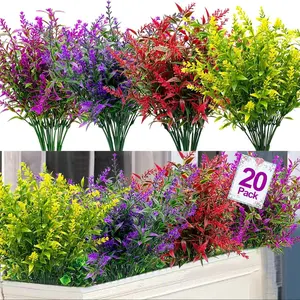 20 Bundles Artificial Lavender Flowers, Outdoor Summer Decor, UV Resistant Fake Flowers, Plastic Faux Plants, Wedding Kitchen Office Decor, Artificial Mixed Flower