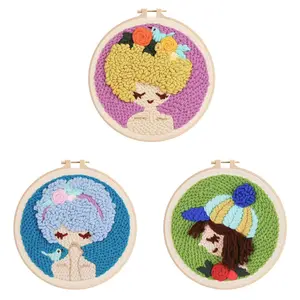 Punch Needle Embroidery Starter Kit for Beginner Handcraft Cartoon Rug Hooking Beginner Embroidery Kit Handwork With DIY Material Kit Set(Pretty Girl)