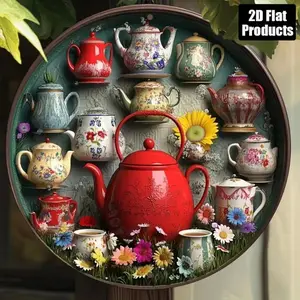 Vintage Style Teapot Floral Leaf Floral Print Wall Art Aluminum Home Decor Sign for Kitchen Living Room Country Cottage Gift Housewarming Present
