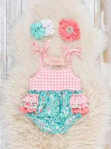 Gingham Garden Tie Ruffle Bubble Romper