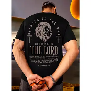 [Lion Print T-Shirt] Men's Lion Head Print T-Shirt - Loose-Fitting Street Style Short-Sleeve Round Neck Tee for Summer - Everyday Wear