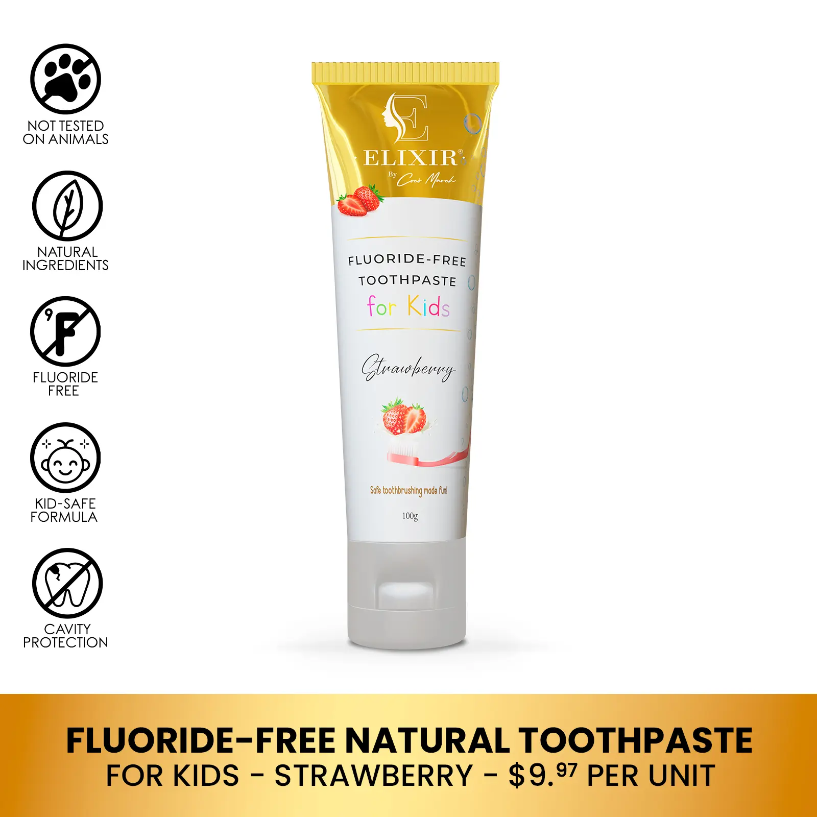Elixir by Cocó March Fluoride Free Natural Toothpaste for Kids, Delicious Strawberry Flavor, Fresh Breath, Clean Teeth and Healthy Gums for Children, 100g
