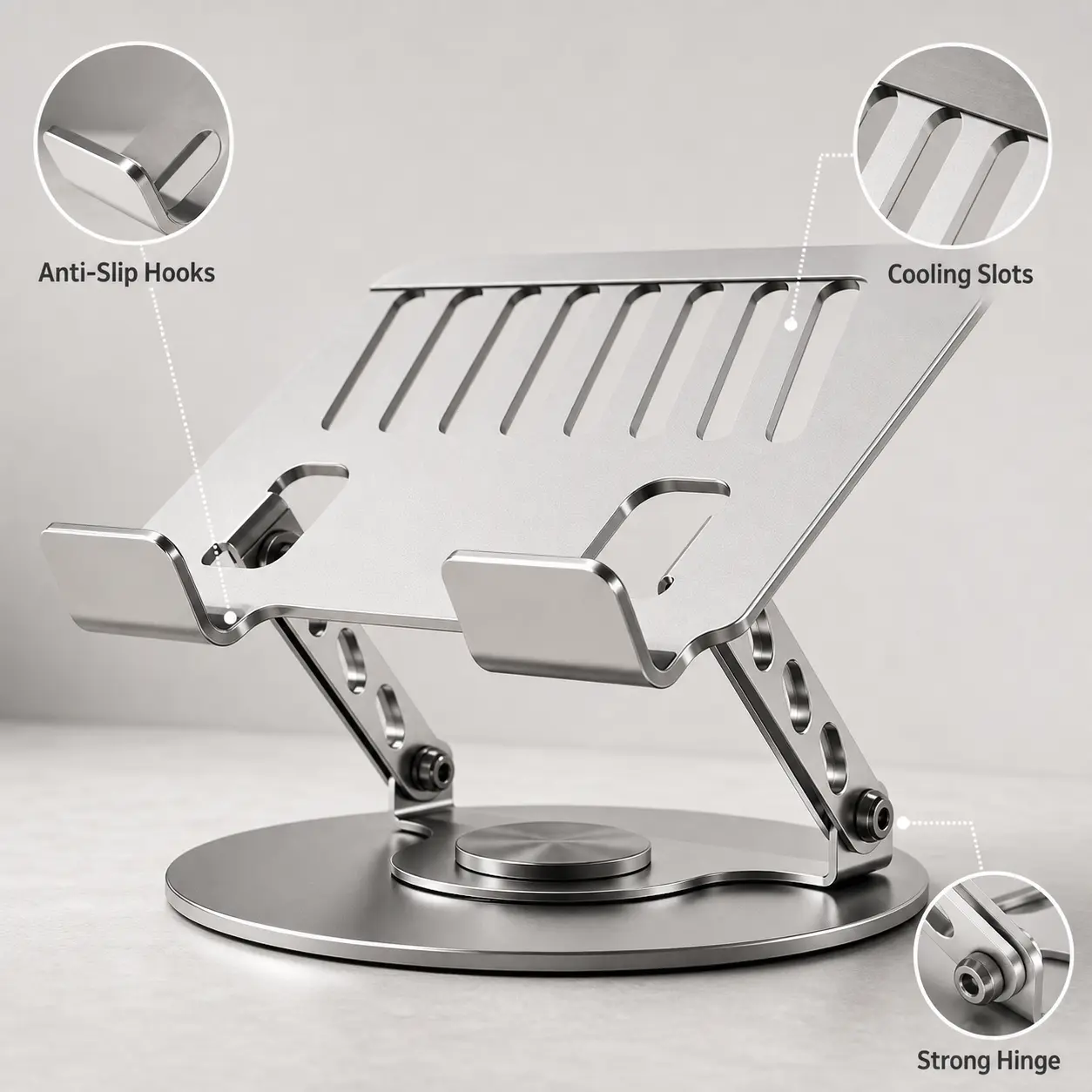 360° Rotatable All-Metal Laptop Riser for Desk, Foldable Swivel-Base Computer Stand with Cooling Grid, Ergonomic Holder (22 lbs Capacity) for Gaming Setup, MacBook, HP, Dell, Lenovo, Home/Office Users, Bedroom, Adjustable