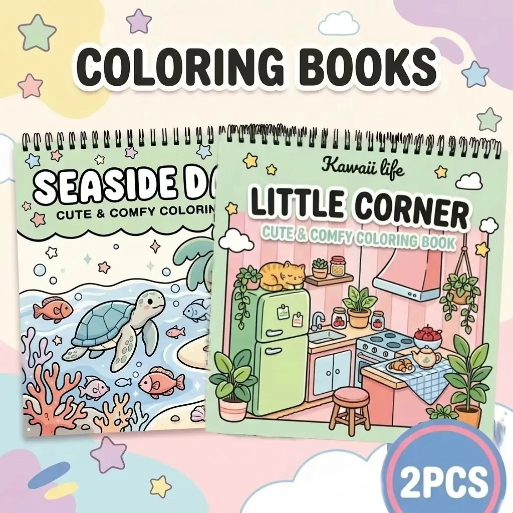 2PCS Adult Coloring Books - Seaside, Little Corner, Kawaii Theme, 48 Pages of Opaque, Super-Sensitive Paper, Vibrant Illustrations & Clear Lines, Beginner-Friendly Activity for Fun, Creative Painting Skills, Perfect Gift for Easter, Birthdays
