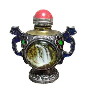 Eata Gift Inc. Tibetan Copper Snuff Bottle – Double-Sided Landscape Gemstone Inlay Collectible Art Piece