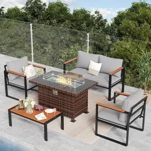 Minimalist Modern Rattan Garden Set with Glass Top Fire Pit, Four-Person Outdoor Conversation Furniture, Eco-Friendly Rattan & Wicker Design