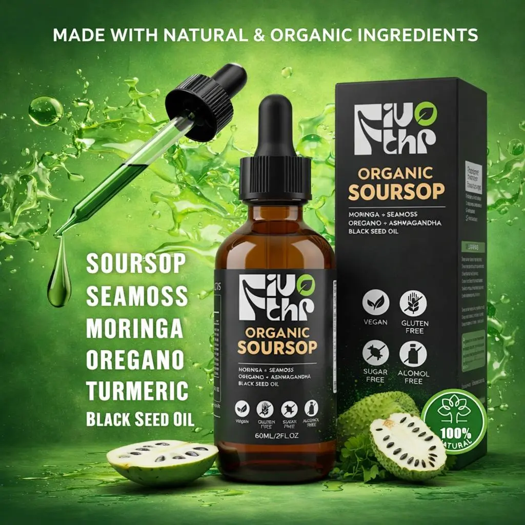 Fivothr Soursop Herbal Liquid Drops with Moringa, Turmeric & Black Seed Oil | Vegan, Non-GMO | 2 fl oz