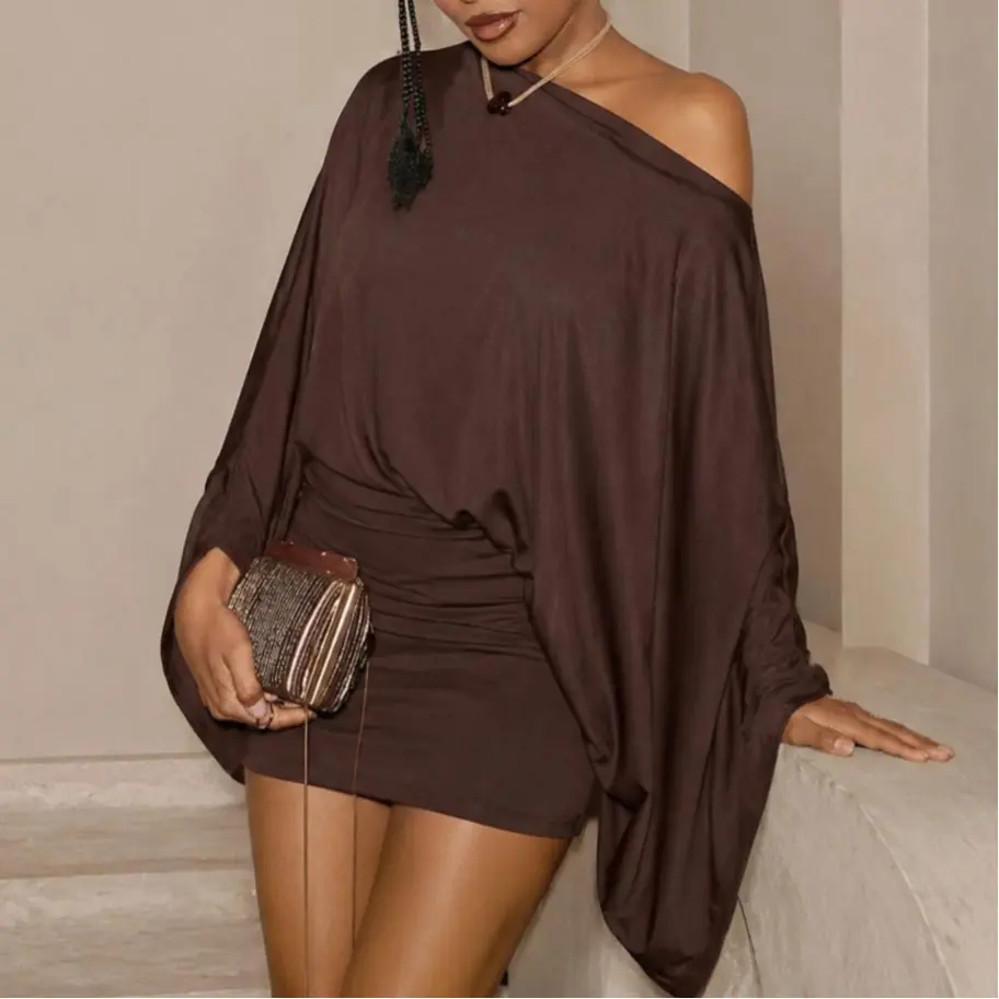 Yolabra Off Shoulder Oversized Batwing Sleeve Mini Dress Draped Waist Ruched Bodycon Party Dress Loose Flared Long Sleeve Night Out Mini Gown Soft Stretch Jersey Cold Shoulder Club Dress Wide Flowy Sleeve Asymmetrical Short Dress
