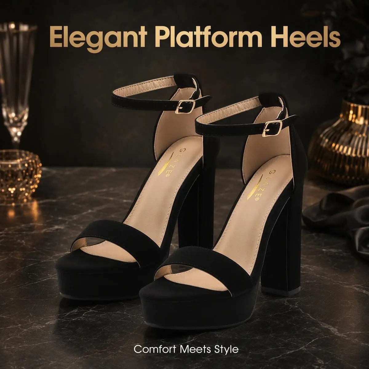 Zovrwin Black Suede Platform Chunky High Heel Sandals, 4.72 Inch Block Heel for Women