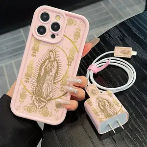 Virgin Mary Pattern Phone Case with Charger Saver & Cable Protector & Storage Rope, Anti-drop Cellphone Protective Case, Total Protective Shockproof Mobile Phone Cover for iPhone6/7/8/X/Xs/XR/XS 11 12 13 14 15 16 Pro max Plus mini, Casing