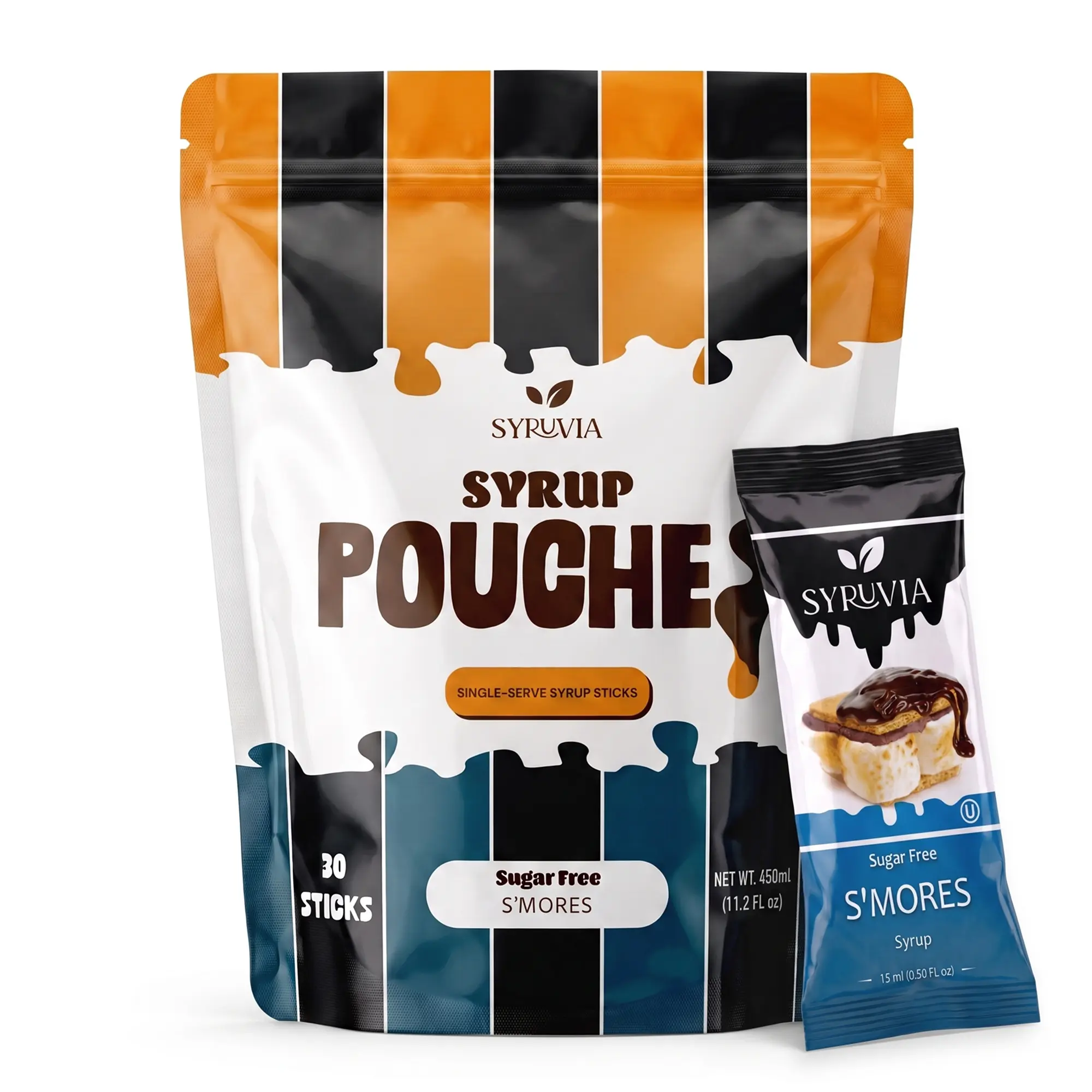Syruvia Sugar Free S'mores Syrup Pouches, Coffee Syrup Sticks for Coffee, Tea, Lattes & Desserts, 30 Count (15 mL Each)