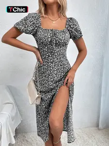 Women's Frenchy Style Ditsy Floral Print Dress, Milkmaid Dress, Boho Fashion Puff Sleeve Square Neck Dress for Daily Holiday Vacation Wear, Summer Dresses, Flowy Dress