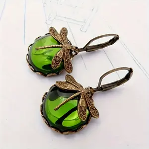 Women's 2-Piece Vintage Metal Dragonfly Earrings, Brass Frame with Multicolor Moon Stone & Glass Cabochon, Christmas Gift