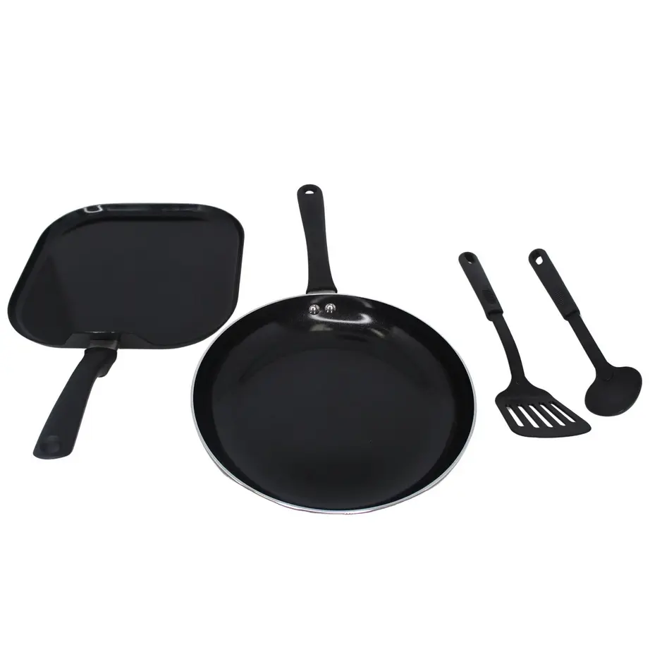4-Piece Nonstick Ceramic Cookware Set - Aluminum Black with Stay-Cool Handles, 10" & 10.5" Round Frying Pans, Solid Spoon Stir for Everyday Cooking