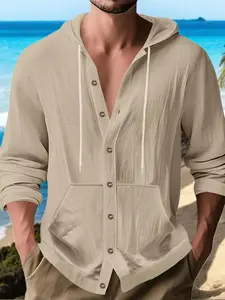 Men's Solid Color Linen Shirt, Regular Fit Casual Breathable Button-Up Cardigan with Drawstring, Beach Style Top for Daily Wear, Button Front Shirt