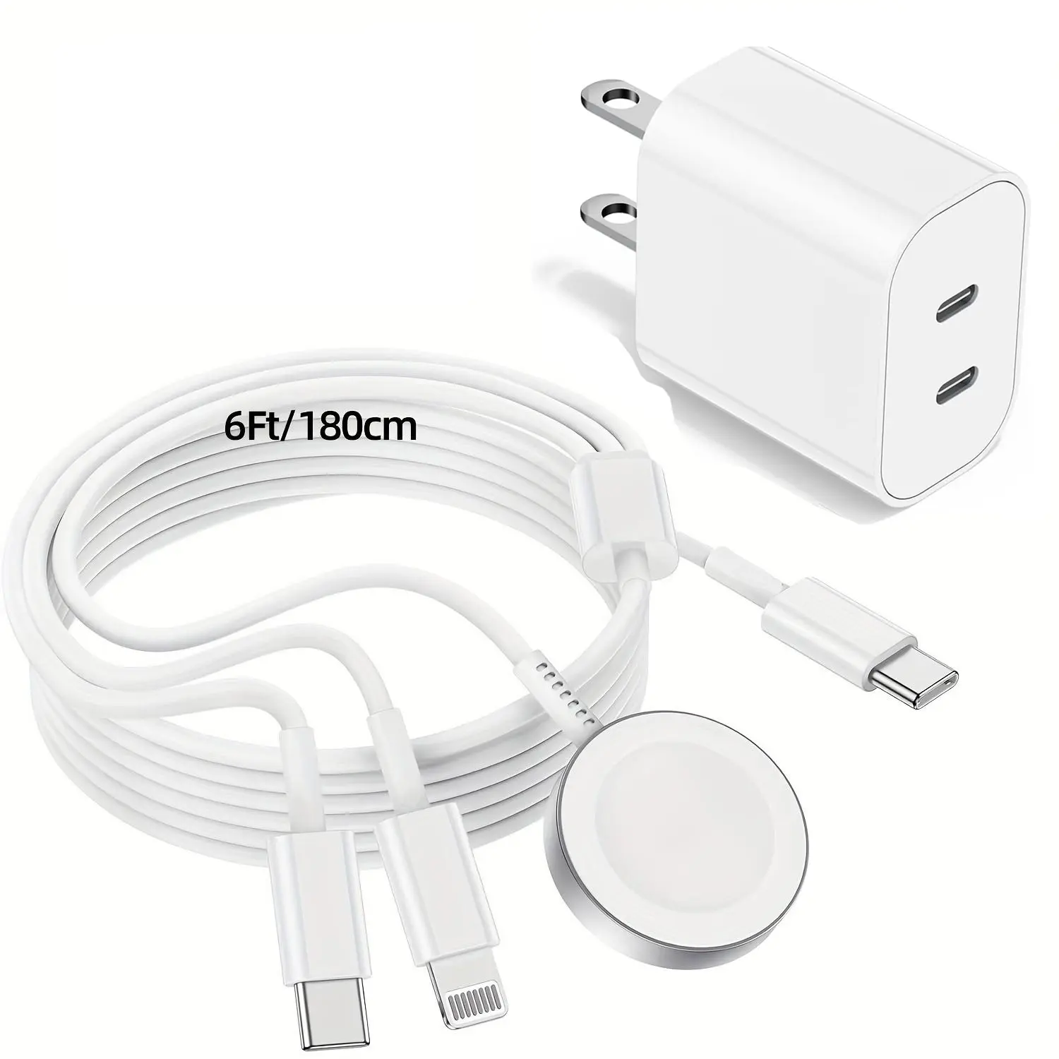 JOZASHON Multi Charging Cable 6ft, Dual ports charger With 3 in 1 USB Charging Cable for Multiple Devices, Universal Phone Charger Cord with Type-C, Lightning, Apple Watch charger for iPhone16/15/14/Android Phones and More