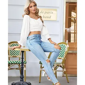 Imily Bela Womens Elegant Off The Shoulder Puff Sleeve Blouse Summer Chiffon Slim Fit  sexy  Party Crop Top