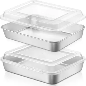 2 Pack Stainless Steel Baking Pan with Lid, 12⅓ x 9¾ x 2 Inch Rectangle Sheet Cake Pan, Lasagna Brownie Bakeware Set with Cover, Non-Toxic & Dishwasher Safe (2 Pans + 2 Lids)