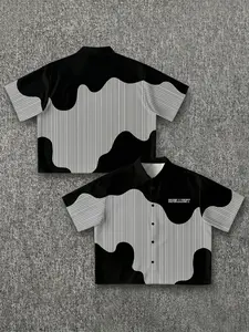 Unisex High Street Abstract Patchwork Cuban Collar Shirt, Colorblock + Vertical Stripes, Loose Drop Shoulder Fit, Casual Style