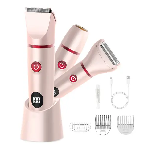 AMULISS 3-in-1 Women's Body Groomer Shaver - IPX7 Cordless Waterproof Shaver, Battery-Powered Li-ion 600mAh Non-Removable (2.2Wh) Rechargeable Razor, LED Display, Painless Blades, Travel Kit, Purple Personal Care Tool (Cable Included)