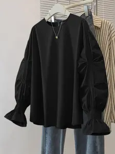 Women's Loose Plain Shirt Blouse Top, Elegant Round Neck Long Sleeve Ruffled Cuffs, Casual H-Type Design, Suitable for Daily Commute and Travel