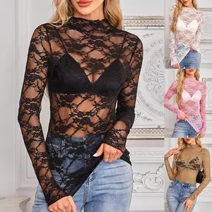 Women's Mesh Long Sleeve Tops Floral Sheer See Through Sexy Cozy Mock Neck Shirts for Party Club Night Blouses Casual Womenswear Elegance FashionGift
