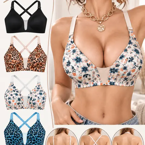 Women's Bras 4-Pack Cross Strap Comfortable, Stylish Leopard Print & Solid Color Undergarments for Everyday Wear, Versatile with Chic Design & Secure Flattering Fit
