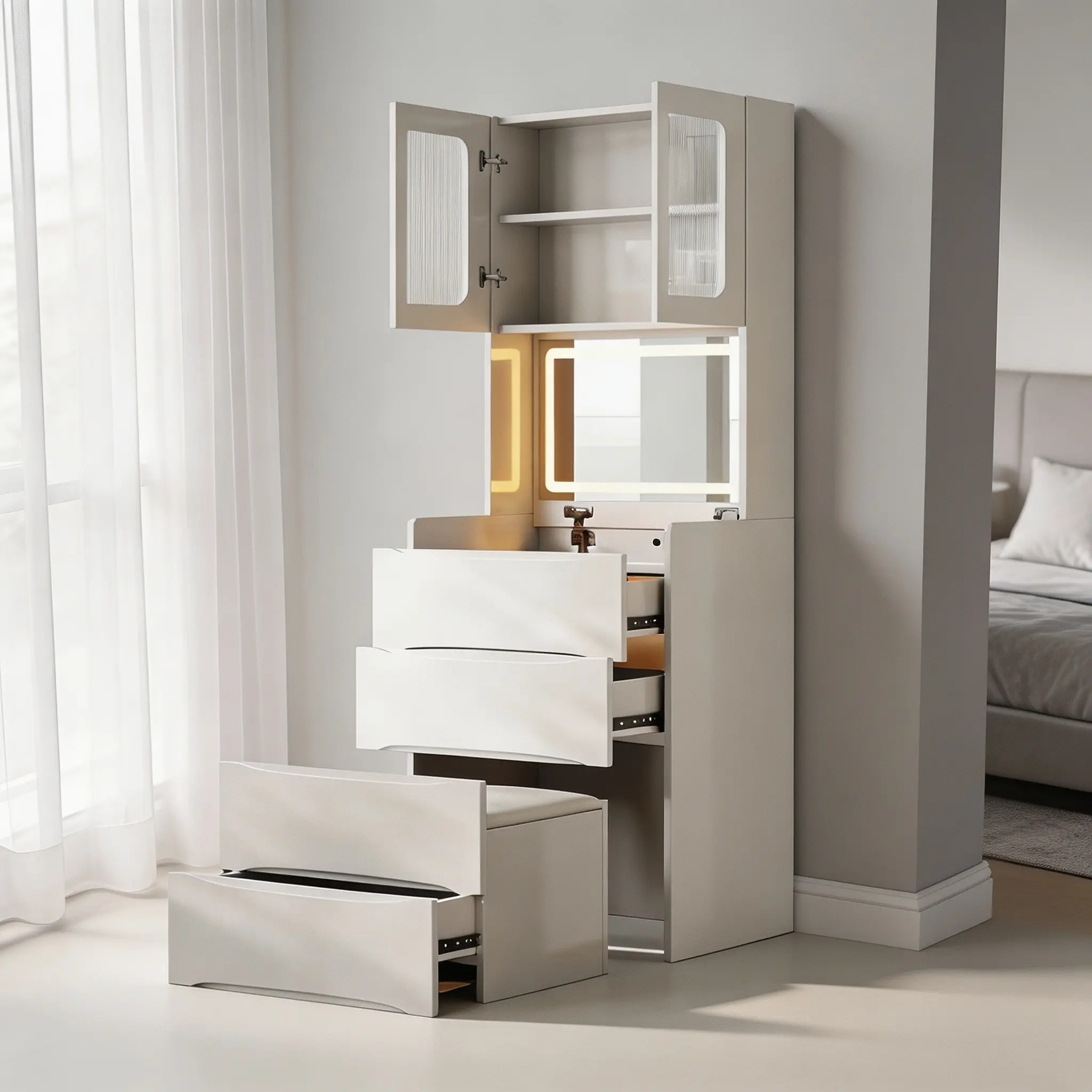 3-in-1 Vanity Table with LED Mirror & Storage Stool, Flip Top | Makeup Dressing Table with Adjustable Lights, 5 Storage Spaces for Bedroom