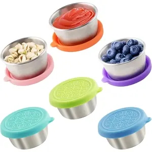 6/12 Piece Salad Takeout Containers, 1.7oz(50ml) Stainless Steel Sauce Cups with Leakproof Silicone Lids, Reusable Condiment Holders, Food Storage Set, Kitchen Storage Containers
