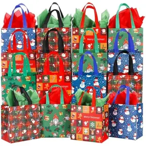 16 Pack Small Christmas Gift Bags with Tissue Paper, Non-Woven Christmas Treat Bags Reusable Tote Bags with Handles for Kids Candy Goodie Bags Christmas Bags Xmas Party Favors
