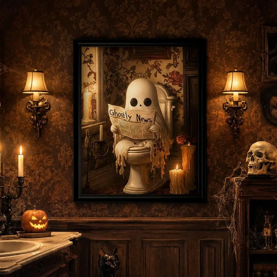 Cute Ghost Bathroom Canvas Wall Art | Funny Ghostly News Poster | Halloween Bathroom Decor | Spooky Vintage Wall Art Print | Gothic Home Decor Gift