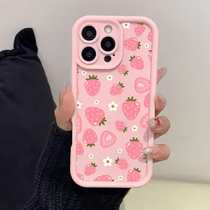 Pink Little White Flower Strawberry Phone cases Case Compatible with iPhone 17 Pro Max 16 16e 15 14 Plus 13 12 Mini 11 Air X XS Pattern TPU Lens Protection Durable Soft Cover Gift 2D printing Protective Smartphone