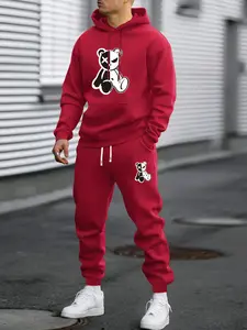 Men's Spring & Autumn Thin Hoodie & Sweatpants Set with Bear Print, Casual Pocket Streetwear, Elastic Waist Drawstring, Perfect Gift for Husband or Boyfriend