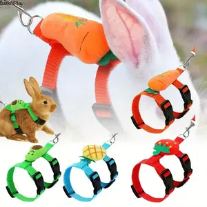 4 Pack Adjustable Rabbit Harness and Leash Set, Cute Fruit Print Soft Vest Harness for Bunnies, Ferrets, Guinea Pigs and Small Pets, Escape-Proof Walking Lead with Decorative Bow for Outdoor Training and Daily Exercise