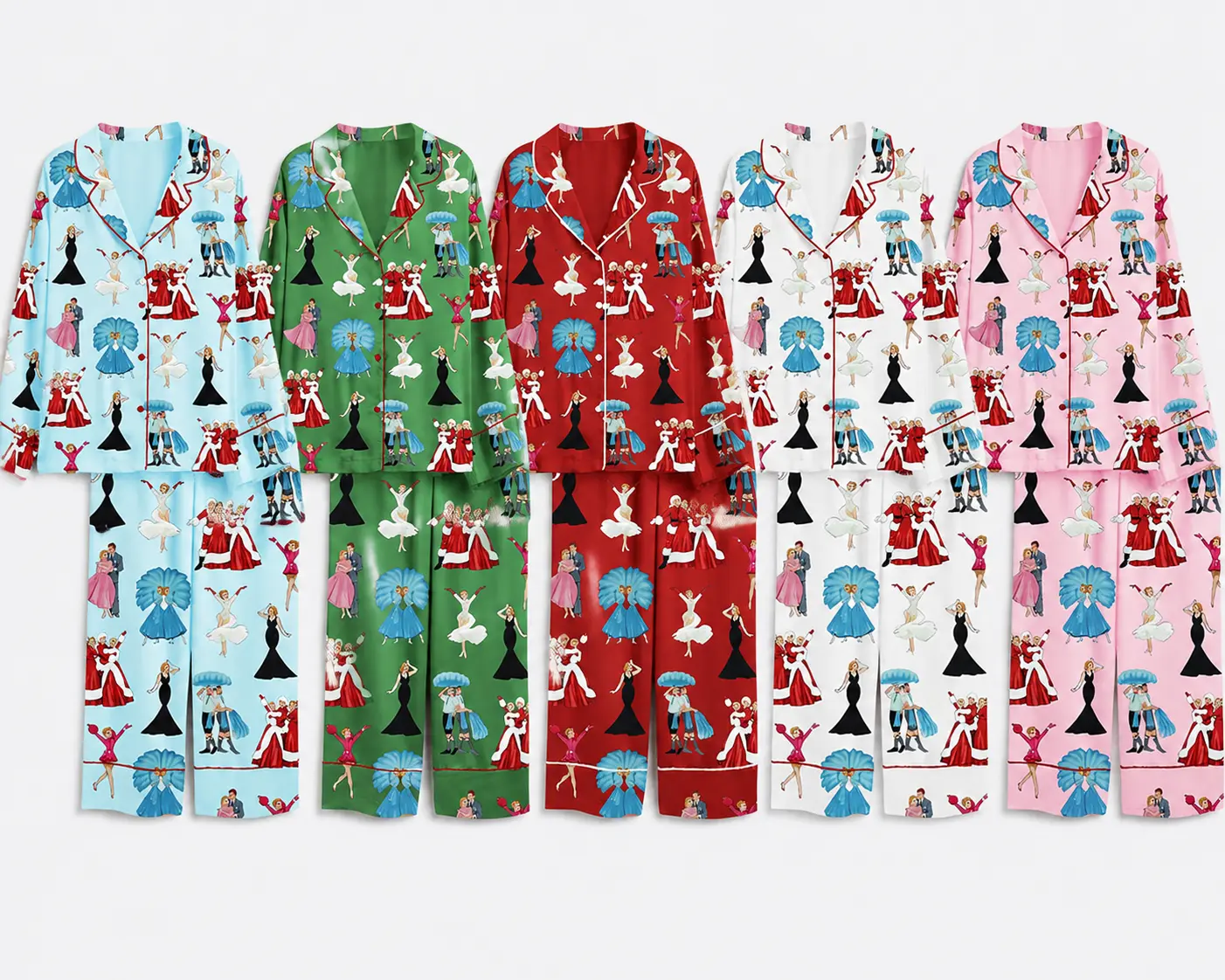 White Christmas Movie Satin Pajama Set, Matching Couples Holiday PJs, Long Sleeve Pants & Short Sleeve Shorts Sleepwear, Festive Christmas Loungewear for Men Women, Gift for Couples