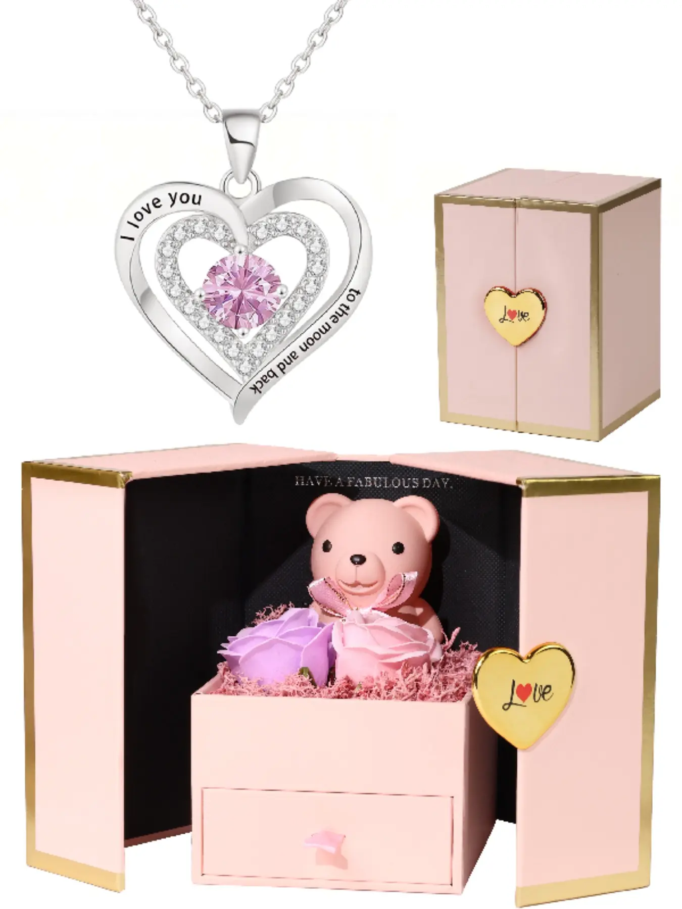 Mother's Day gift - Little Bear Double Rose Gift Box with Silver Heart Pendant Necklace Engraved with "I love you to the moon and back" - A lady's necklace, a gift for mom from her mother, Exquisite Jewelry Gift