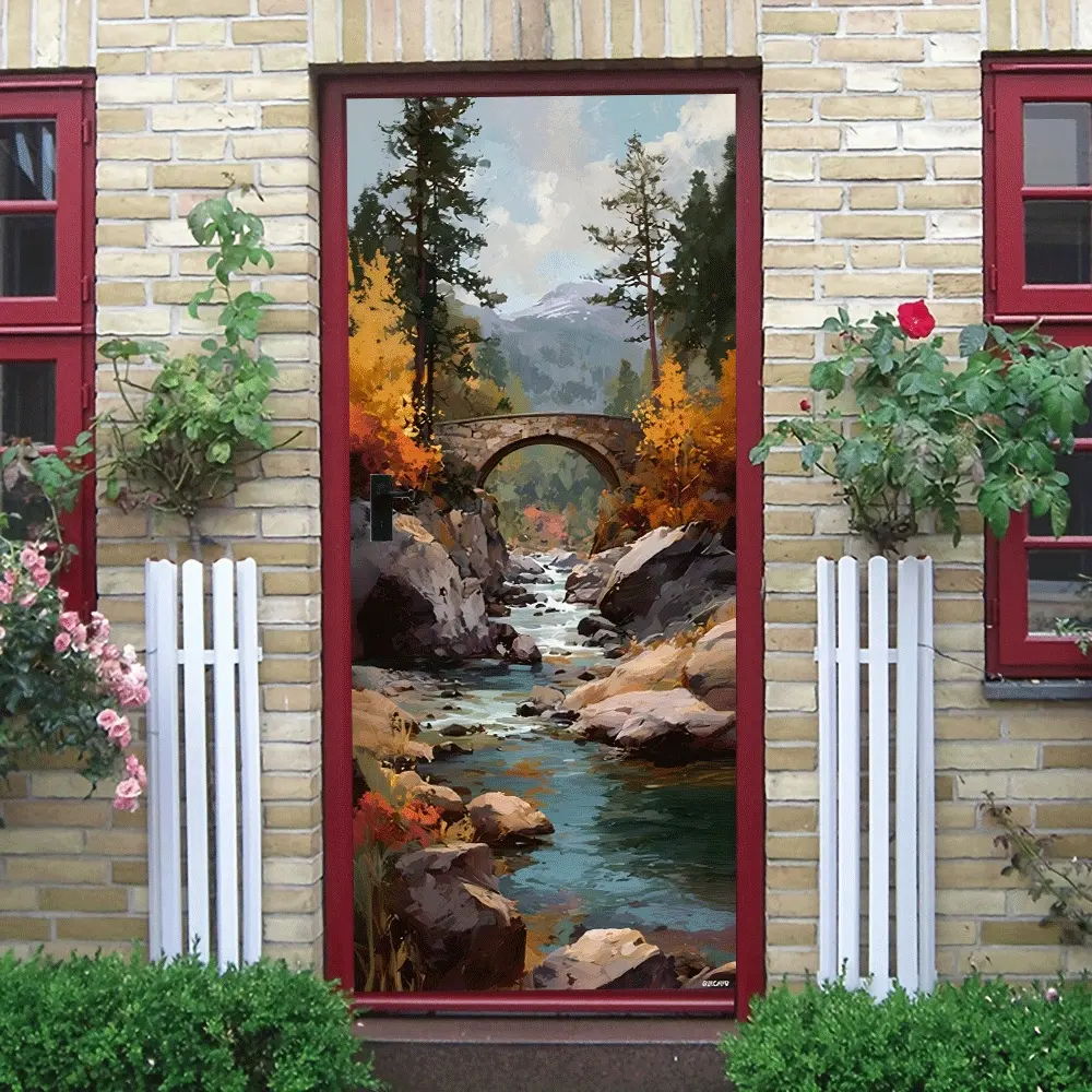 2pcs Autumn Mountain Stream Stone Bridge Scenery Wall Sticker Self Adhesive Removable Eco Friendly Material Living Room BedroomWall Decor Home Decoration Painting