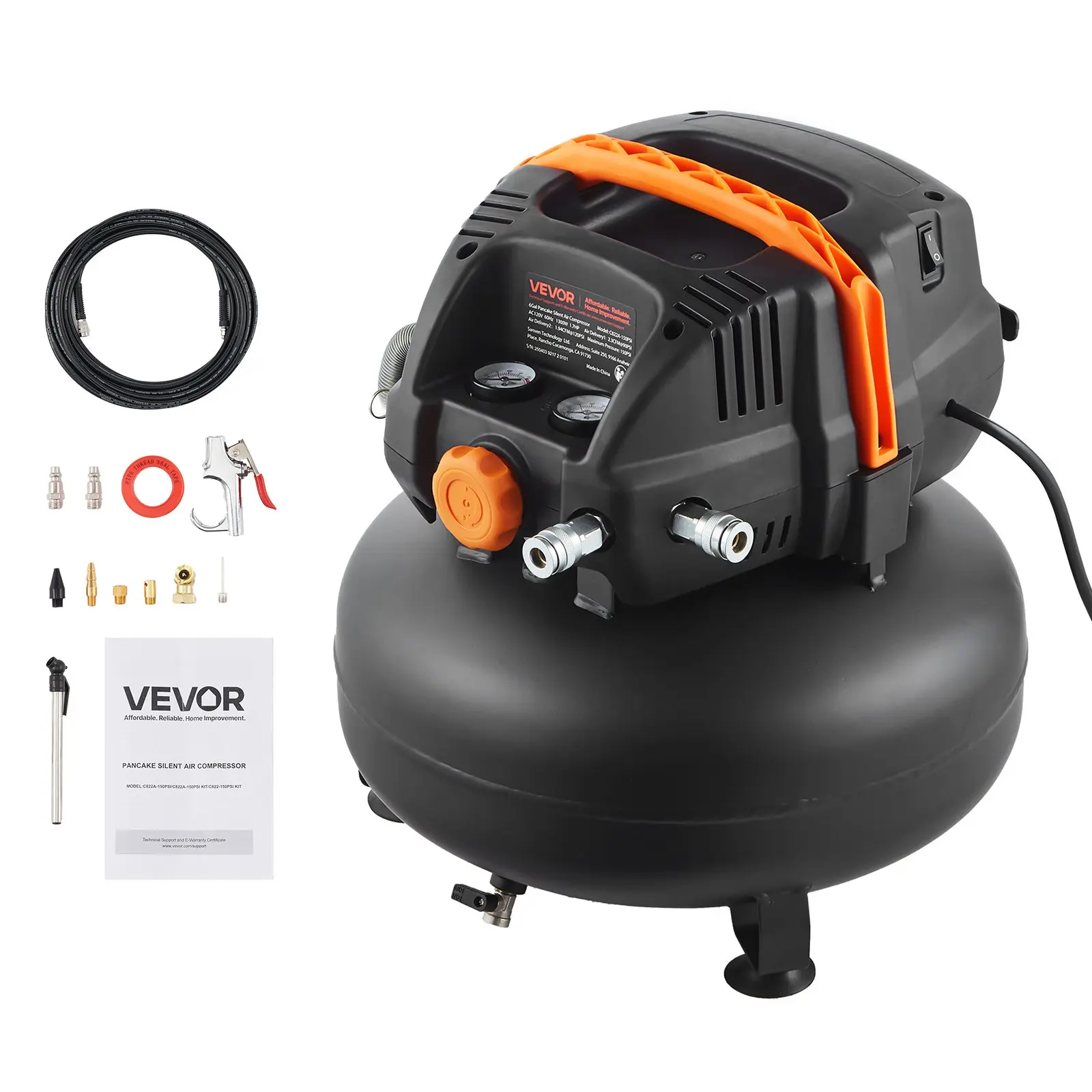 VEVOR 6 Gallon Air Compressor, 1.7HP 2.3CFM@90PSI Portable Pancake Air Compressor & 150PSI Max Pressure, 12-Piece Accessory Kit with 50FT Air Hose for Tire Inflation, Spray Painting, Woodwork NailingSummervibes