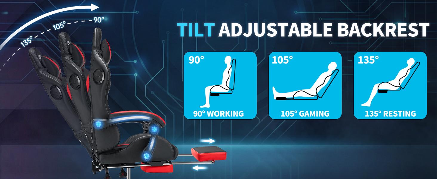 HOFFREE RGB Gaming Chair with Speakers and Massage Ergonomic Computer Chair with Lights and Footrest Reclining Video Game Chairs for Adults Red and Black