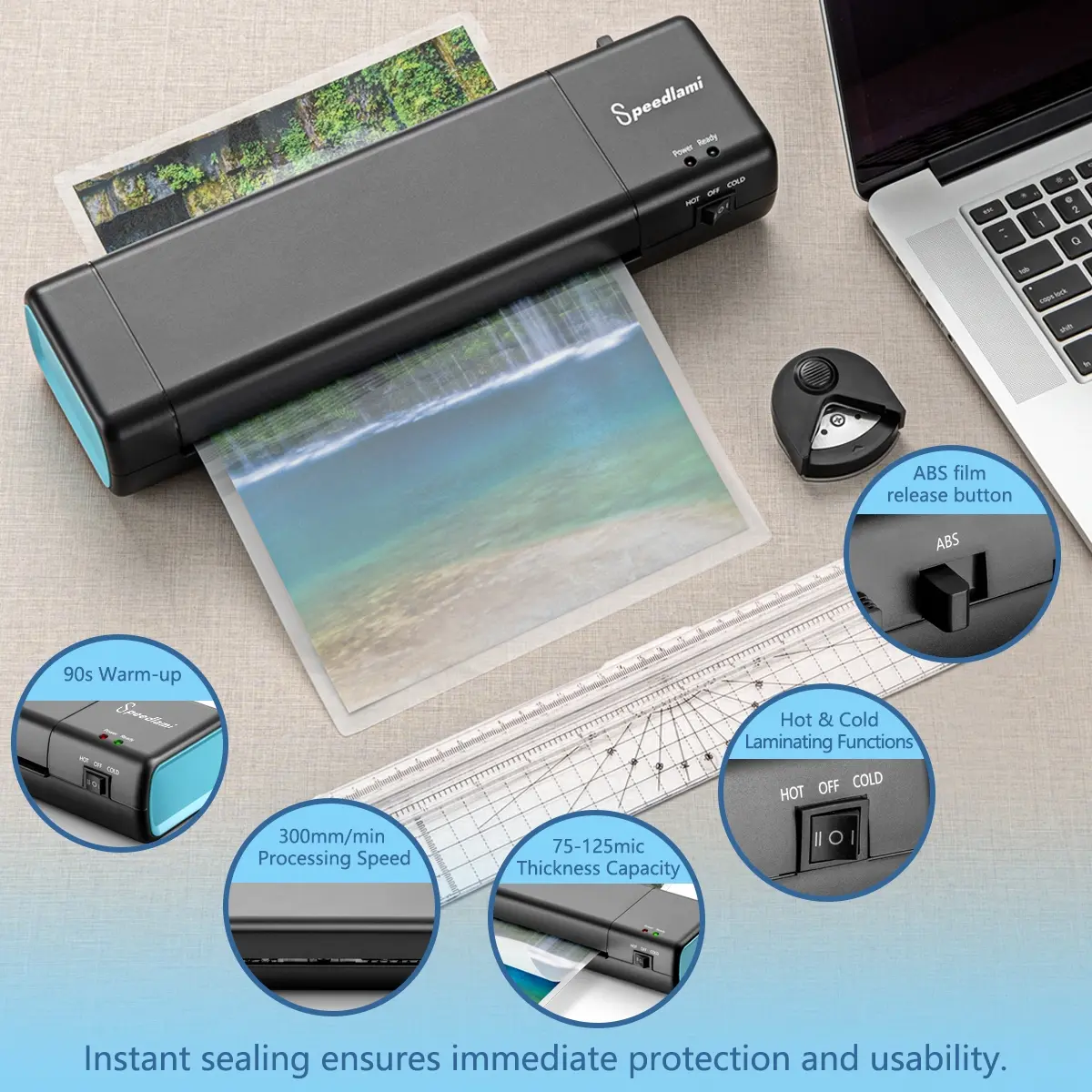 Fast-Preheat Sealing Machine, Laminate Machine, Laminator Set, Laminating Kit, 90s Quick Heating, 300mm/min Speed, Includes Corner Rounder & Paper Cutter, Ideal for Home School Office Use