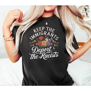 Men's Classic Fit "Keep the Immigrants Deport the Racists" Graphic Top - Floral Butterflies, Progressive Political Activism, 100% Cotton Casual Tshirt - 180G/230G Shortsleeve/Hoodie, Soft Fabric, Made In USA [CoreVarsity.us]